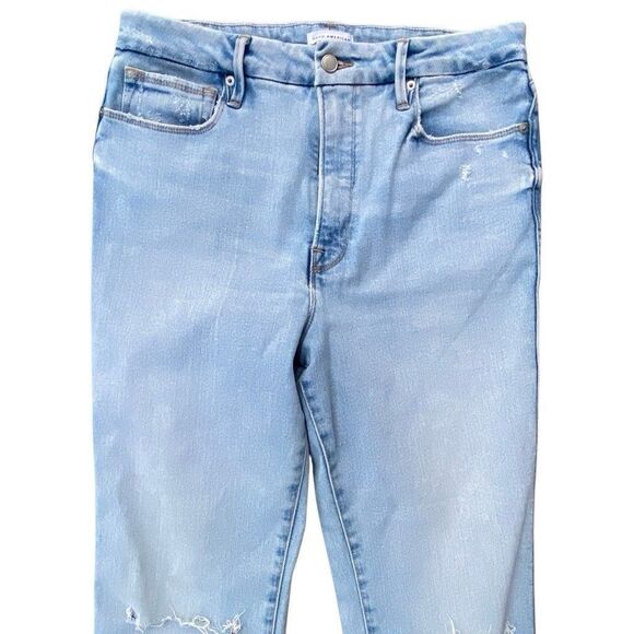 GOOD AMERICAN Good Classic Straight Leg Jeans Light Blue Distressed Size 10/30 - Picture 2 of 6